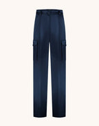 Packshot of the Prague Midnight Blue Satin trousers in crepe satin with cargo pockets.