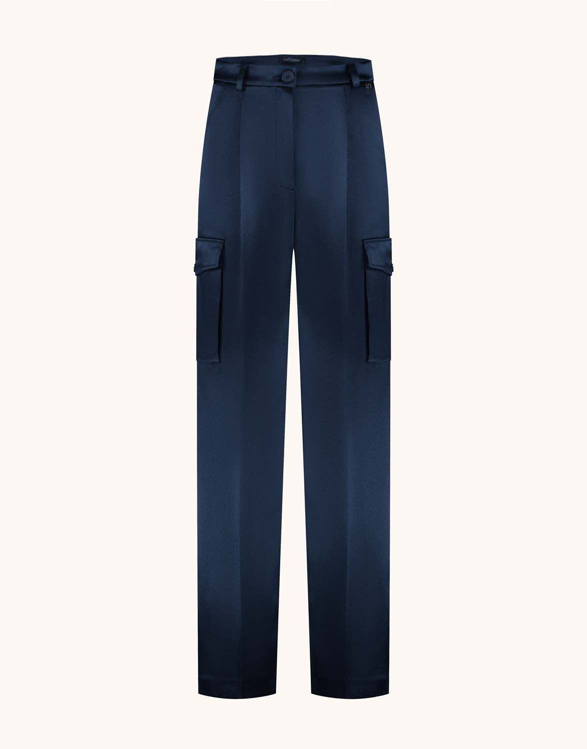 Packshot of the Prague Midnight Blue Satin trousers in crepe satin with cargo pockets.
