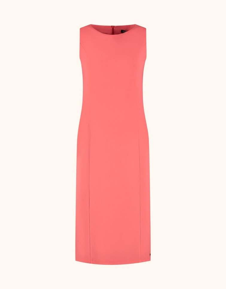 Packshot of the Gloria Coral dress in jersey lycra, a fitted sleeveless style.
