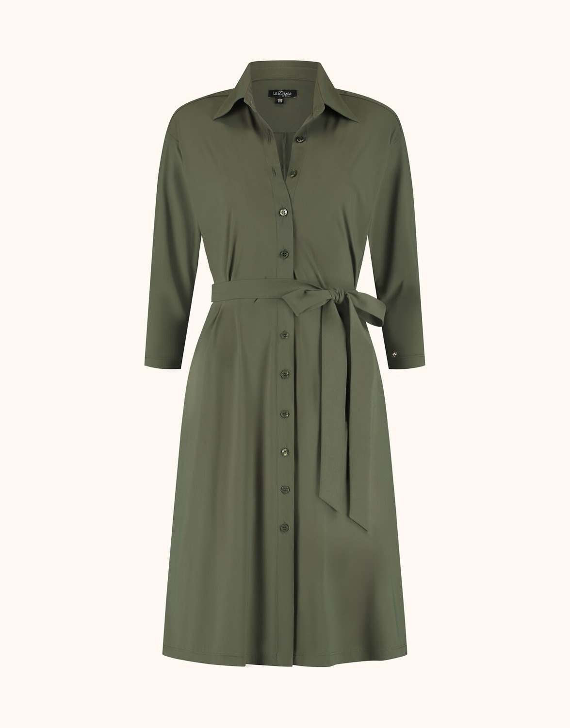 Packshot of the Angela Dark Olive shirt dress with a button front, collar and belt.