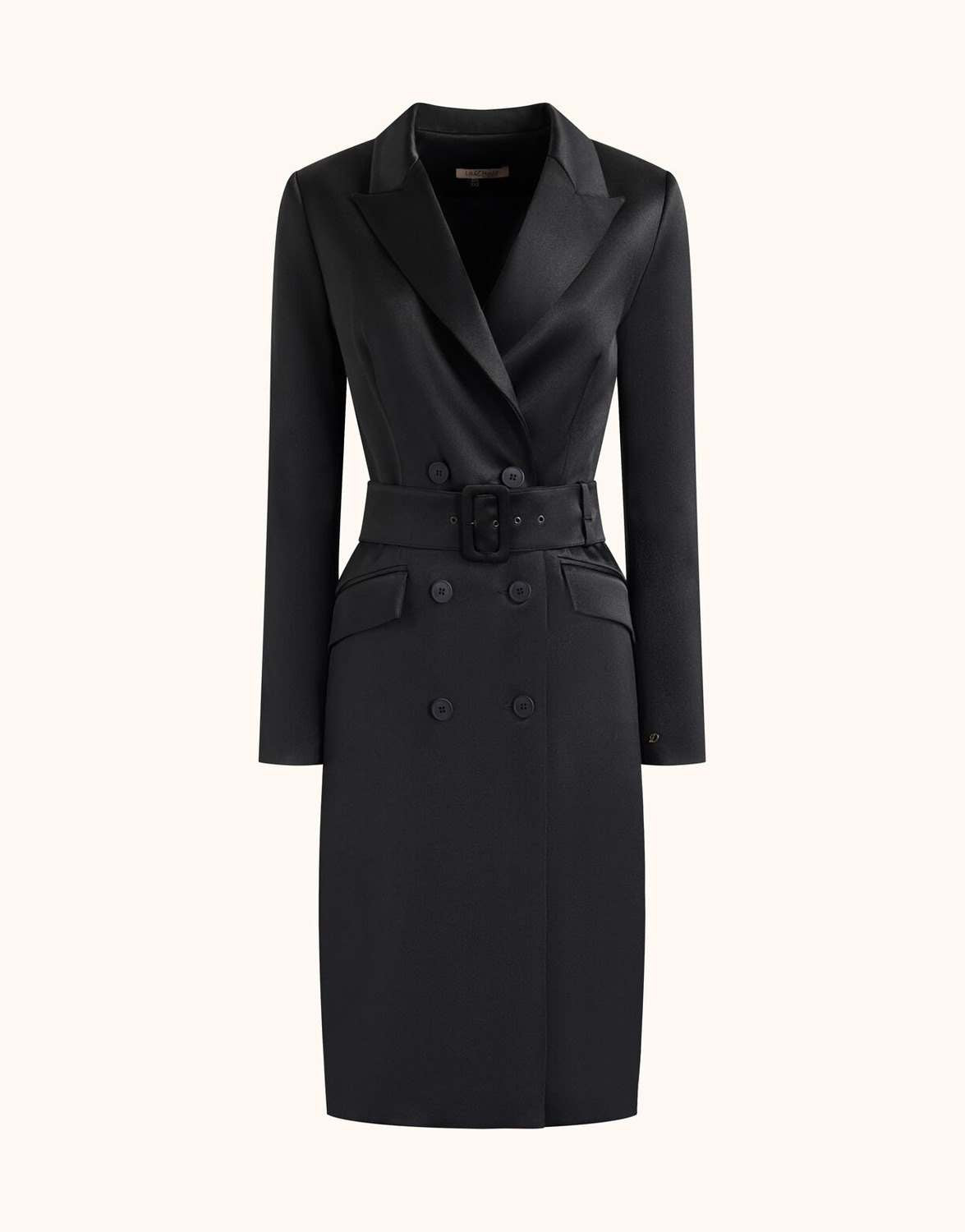 Packshot of the Colette Black Satin dress in crepe satin with a belt and double-breasted front.