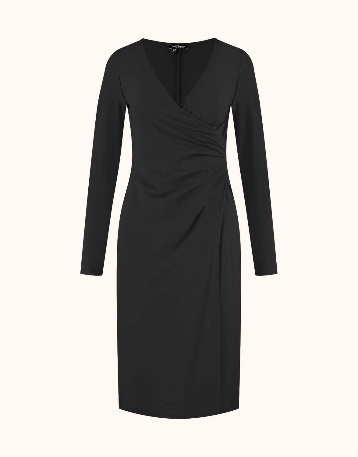 Packshot of the Isadora Black dress in Dressia with a wrap front and draped waist.
