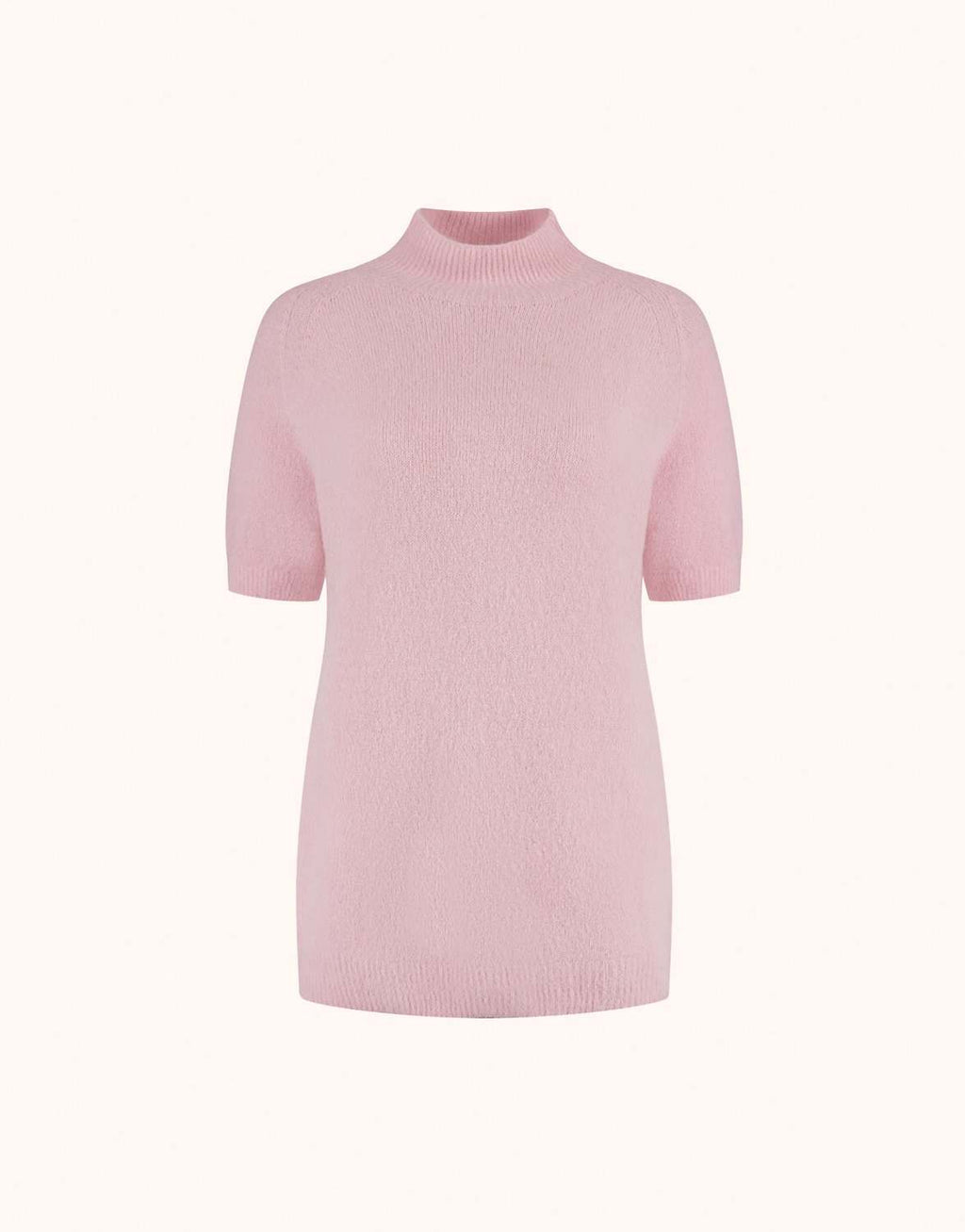 Packshot des Willow Pale Rose Pullovers aus Alpaka-Mischung mit einem Rollkragen und kurzen Ärmeln.