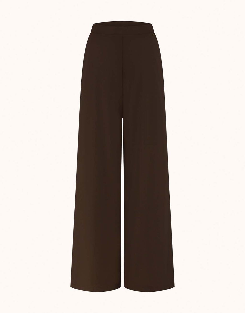 Packshot of the Savona Espresso trousers in jersey lycra with a wide palazzo leg.
