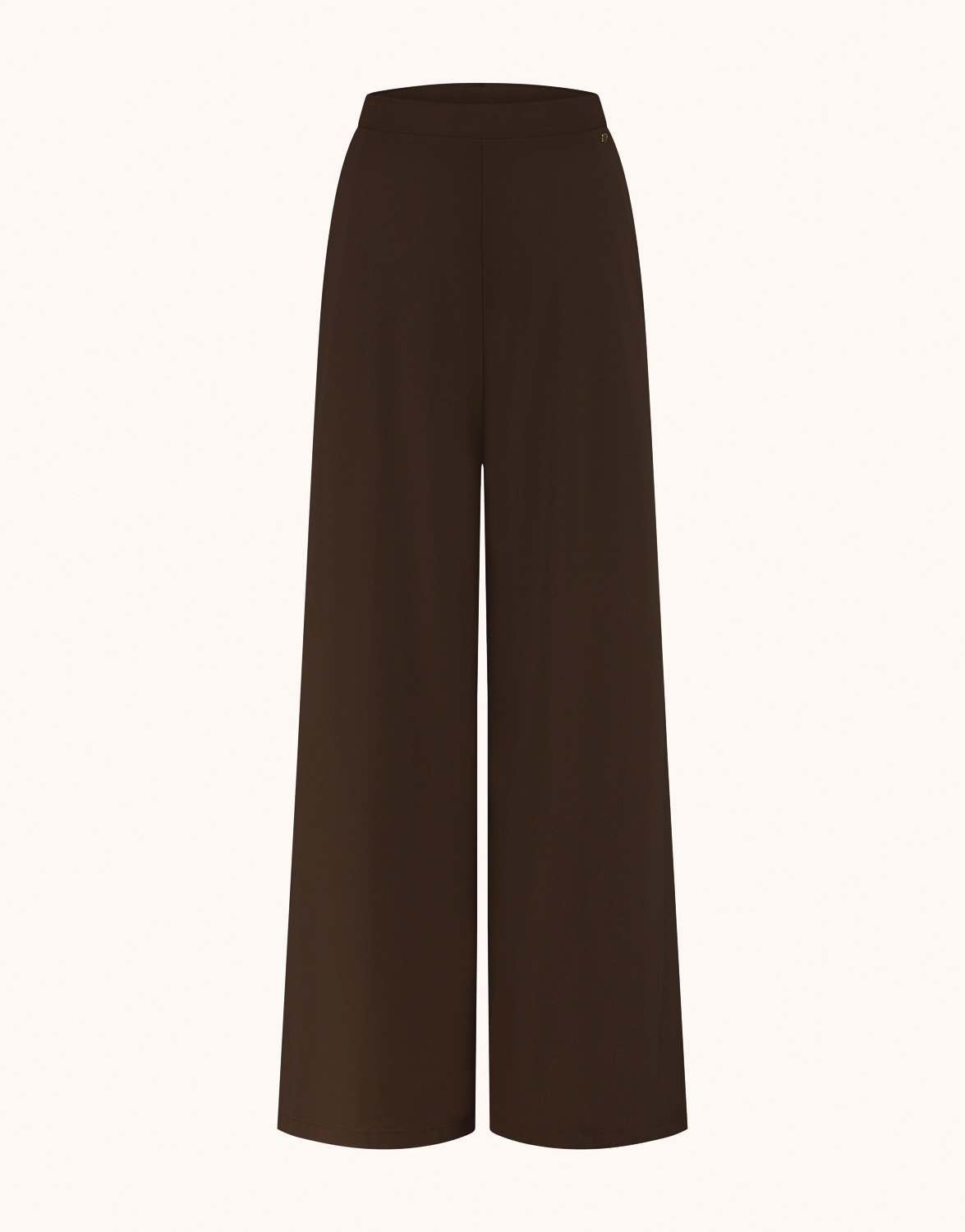 Packshot of the Savona Espresso trousers in jersey lycra with a wide palazzo leg.
