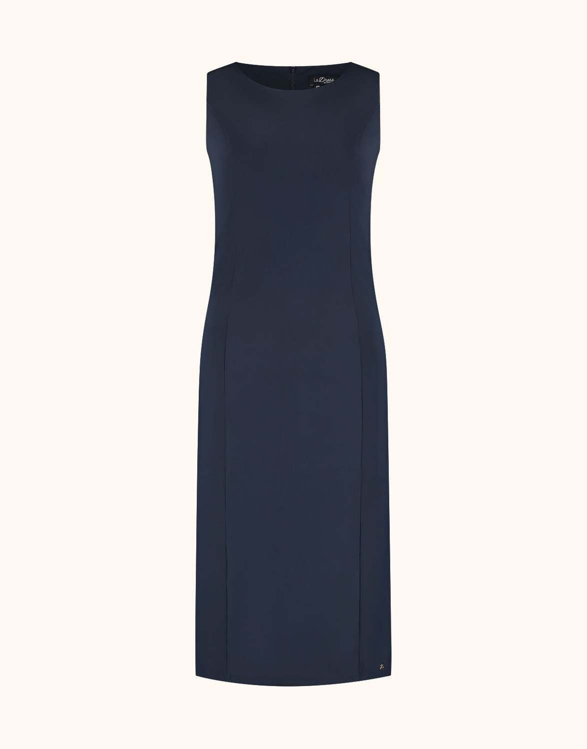 Packshot of the Gloria Midnight Blue dress in jersey lycra, a fitted sleeveless style.