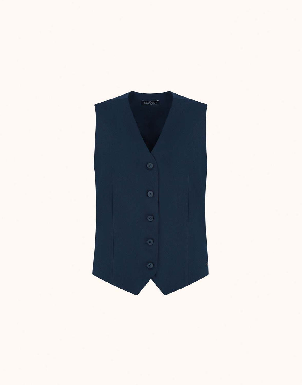 Packshot of the Jolene Midnight Blue waistcoat in crepe satin with a V-neck and buttons.