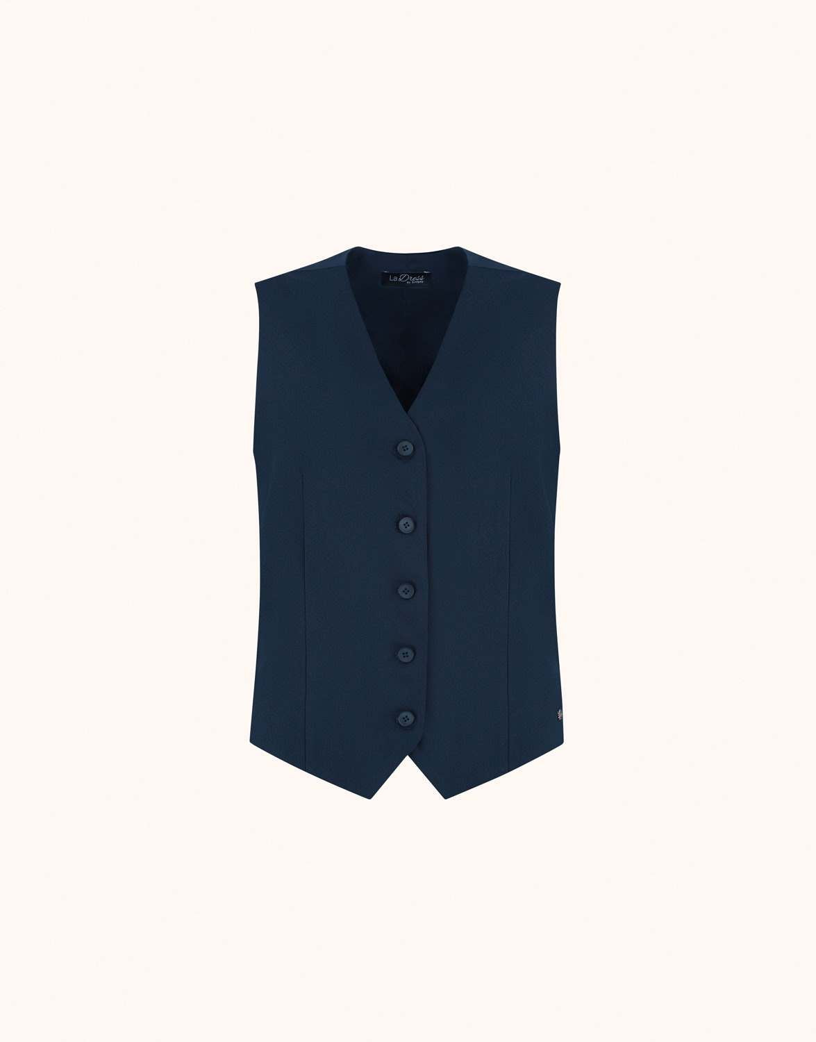 Packshot of the Jolene Midnight Blue waistcoat in crepe satin with a V-neck and buttons.