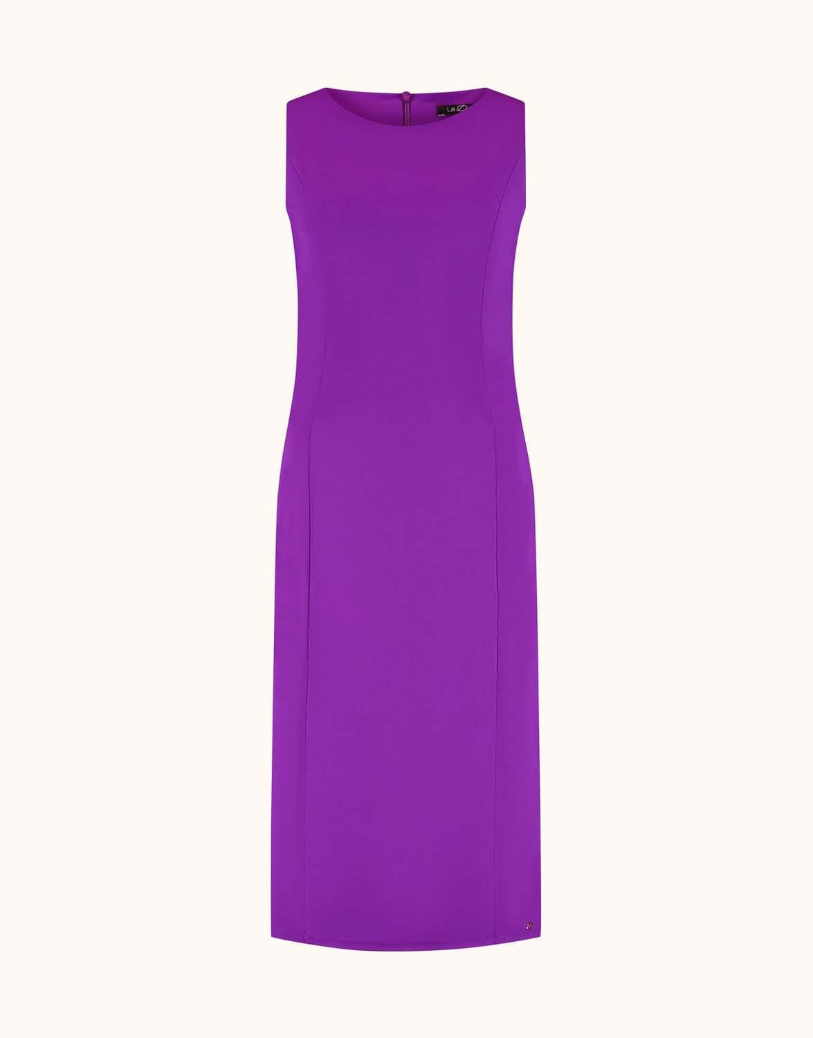 Packshot of the Gloria Violet dress in jersey lycra, a fitted sleeveless style.