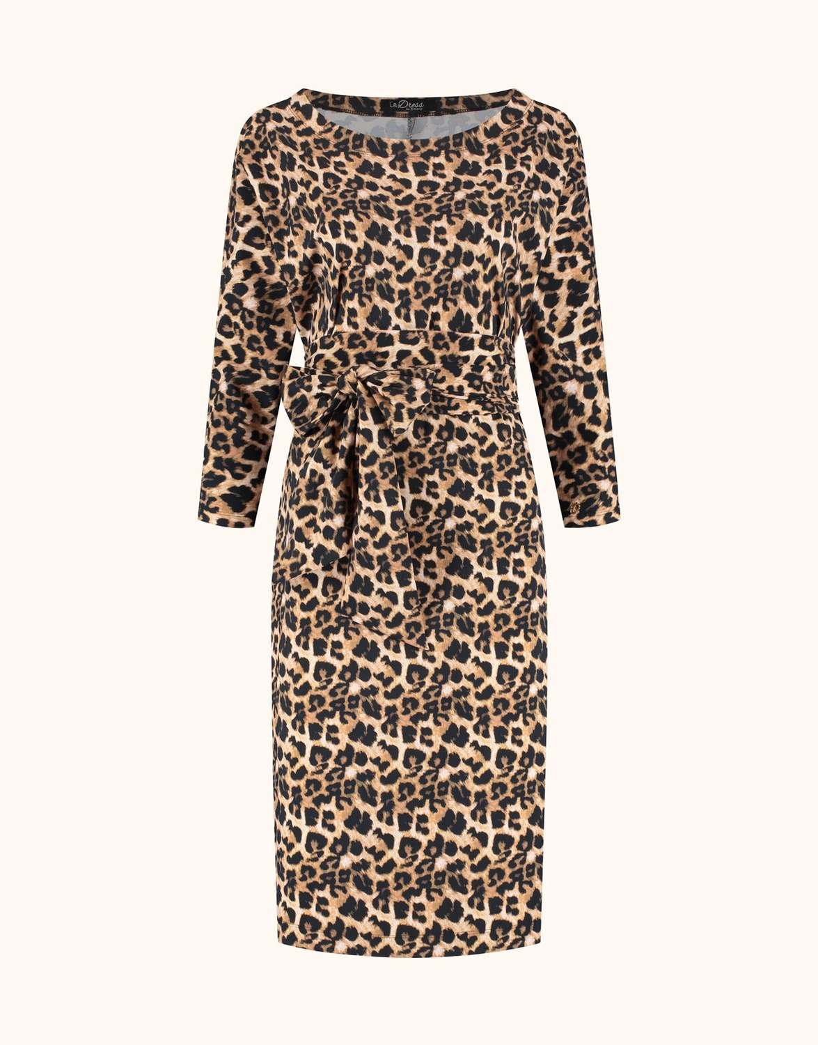 Packshot of the Caroline Animal dress in jersey lycra with a leopard print and a tie waist.