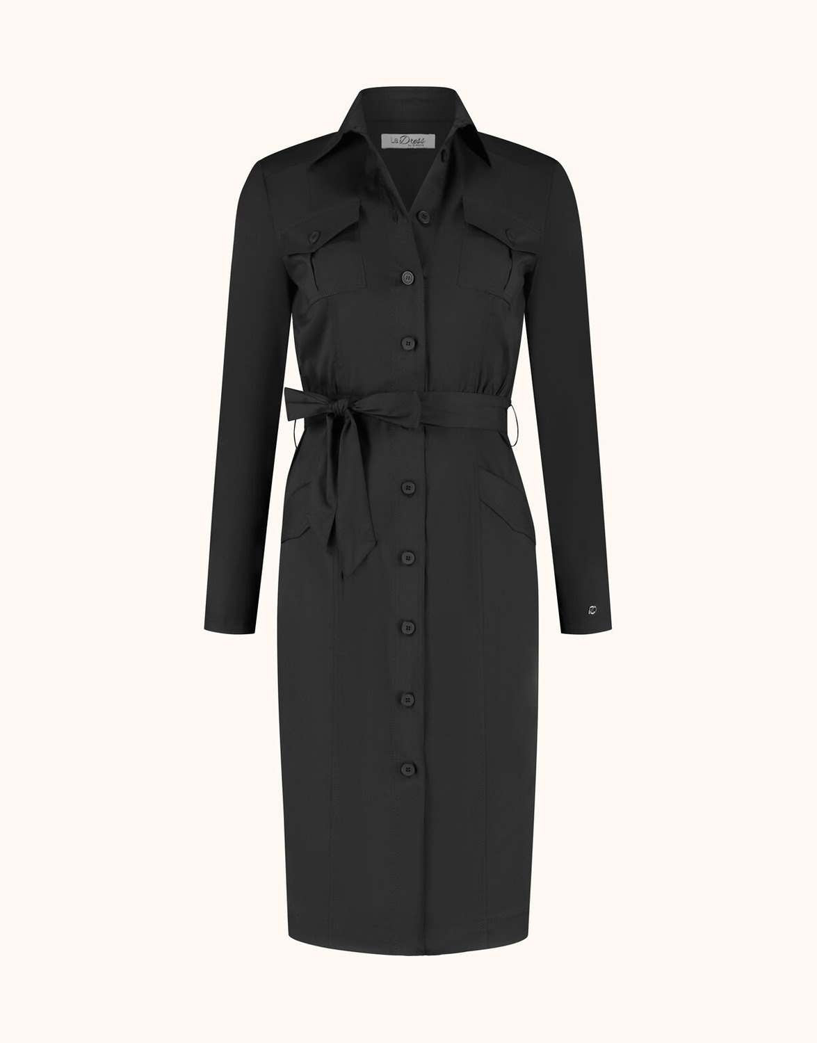 Packshot of the Ayla Black shirt dress with a button front, chest pockets and belt.