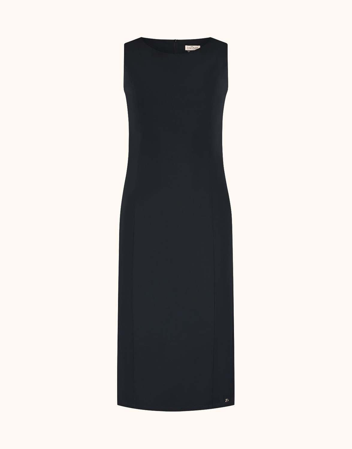 Packshot of the Gloria Black dress in jersey lycra, a fitted sleeveless style.
