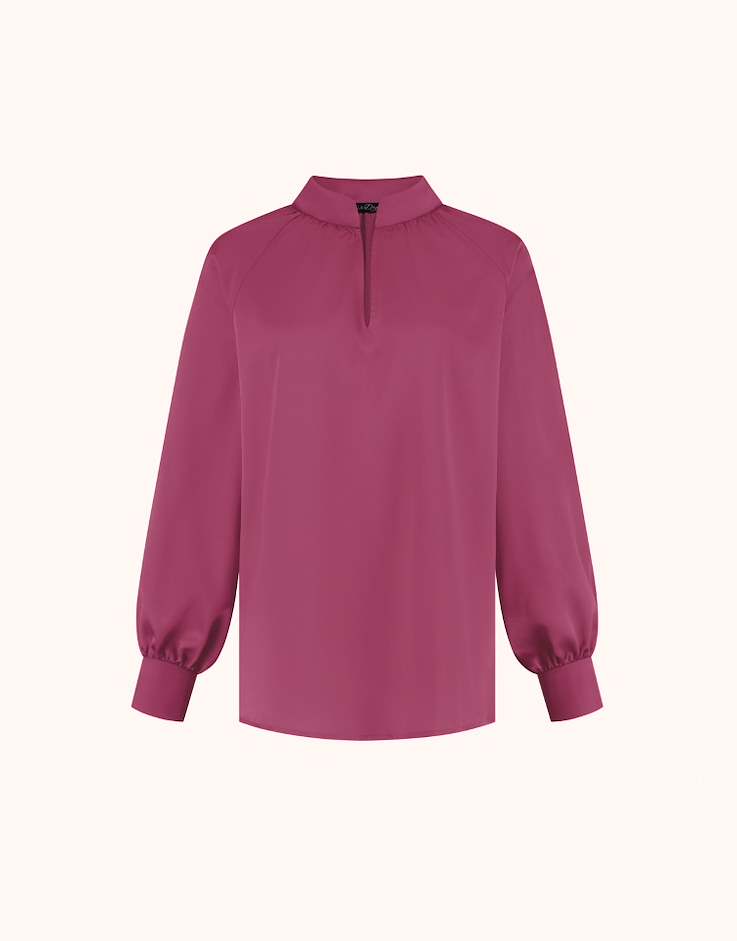 Packshot of the Jolie Plum blouse in satin with a stand collar and balloon sleeves.