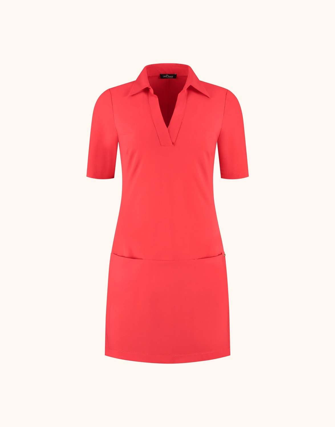 Packshot of the Amara Hibiscus polo dress with a collar, V neck and front pockets.