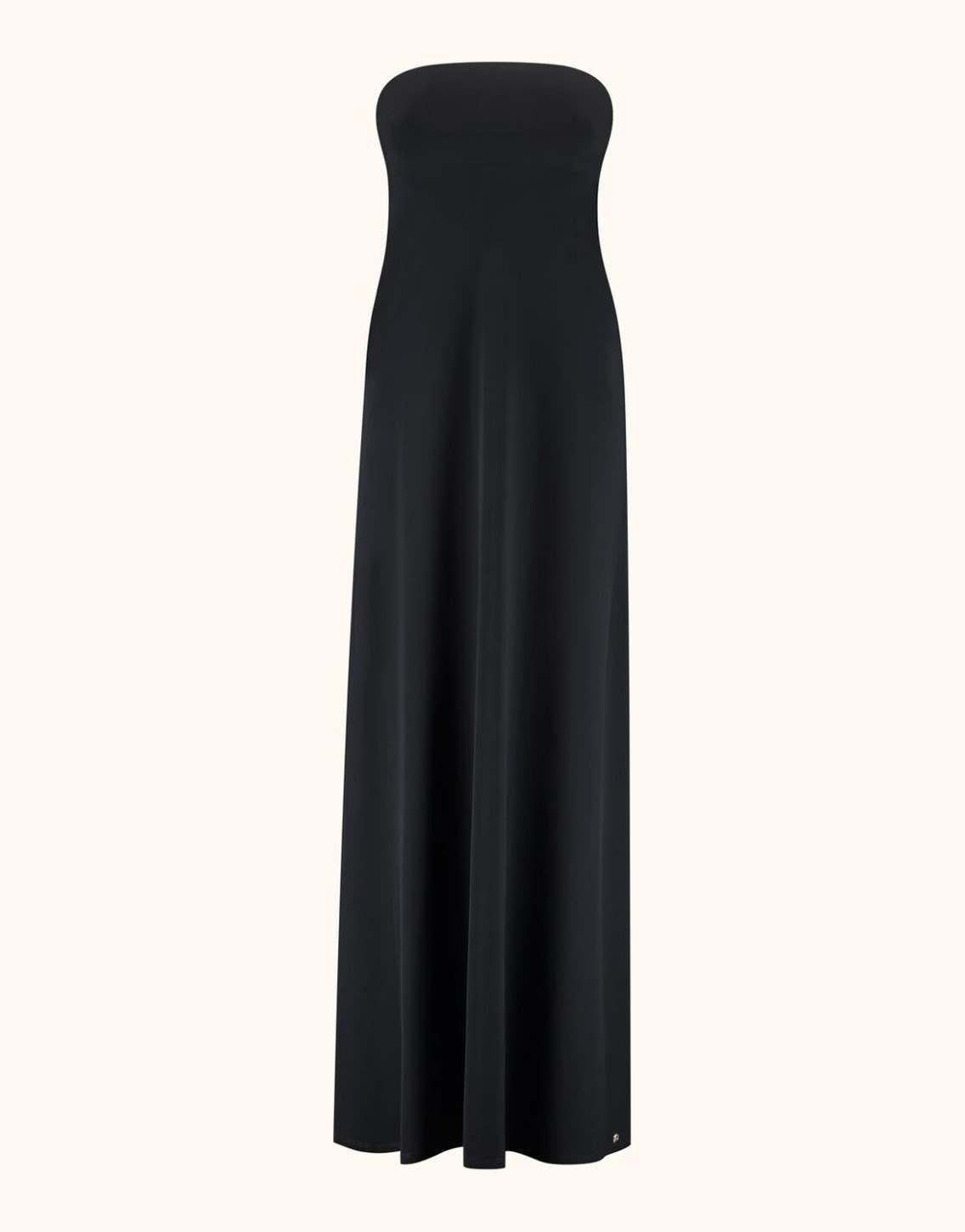 Packshot of the Saint Black dress in jersey lycra, a long strapless style.