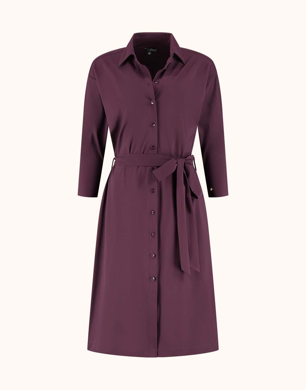 Packshot of the Angela Deep Aubergine shirt dress with a button front and tied belt.