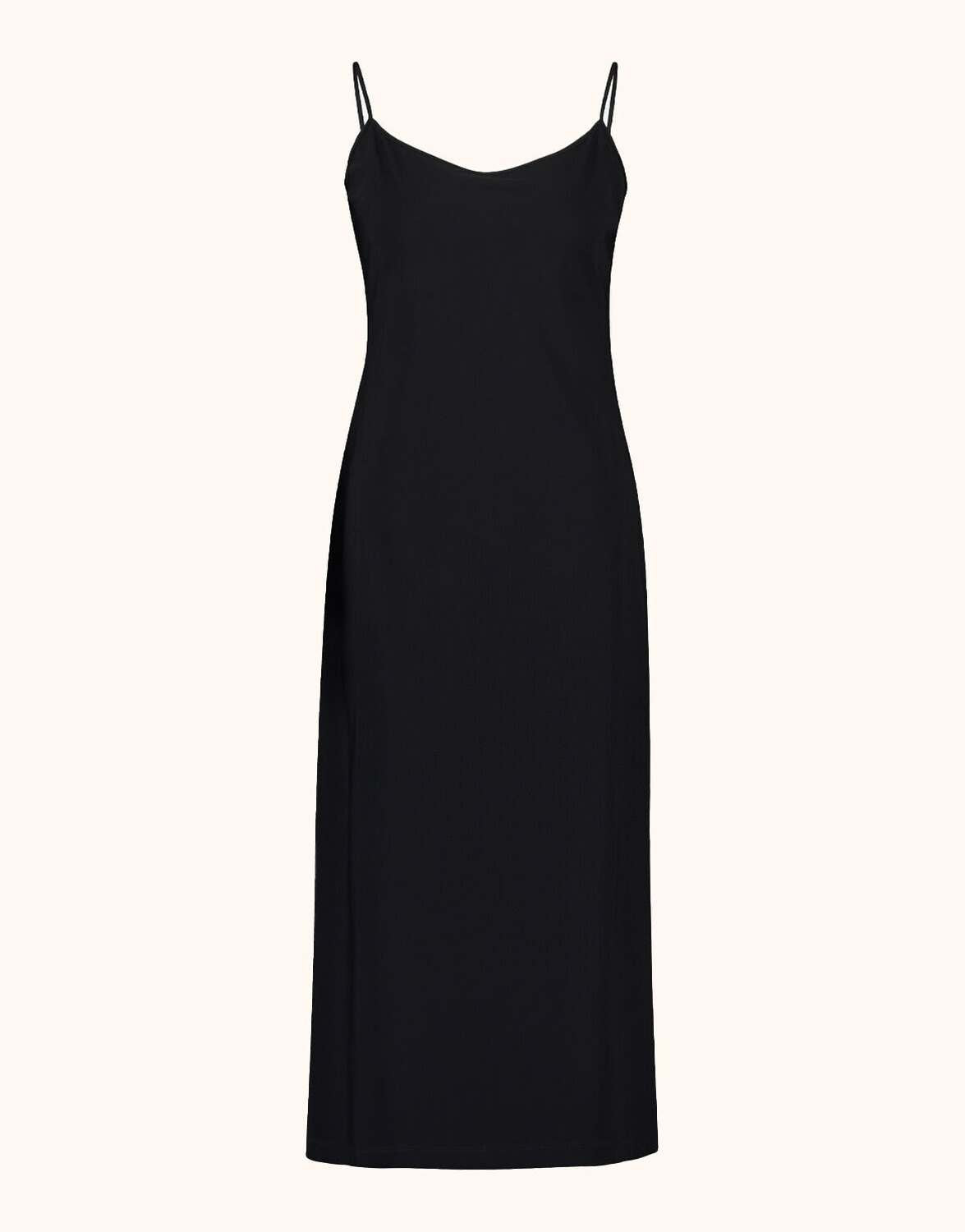 Packshot of the Jennifer Black dress in jersey lycra, a slip style with a front slit.