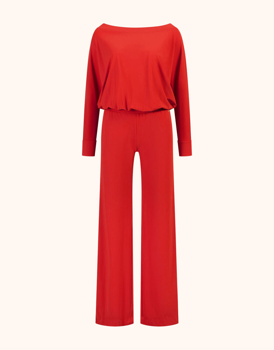 Packshot of the Lucille Raspberry Red jumpsuit in jersey lycra with a boat neck.