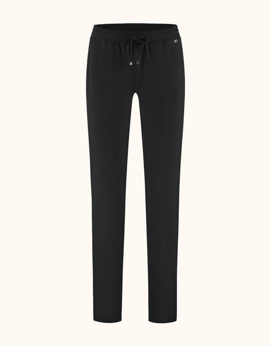 Packshot of the Valencia Black trousers in jersey lycra with a drawstring waist.