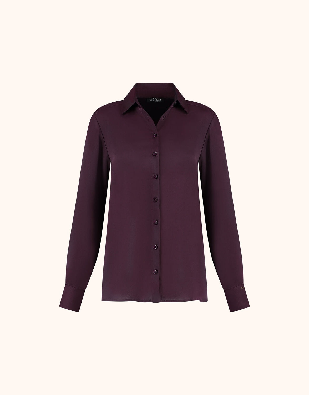 Packshot of the Estee Deep Aubergine blouse in satin with a collar and button front.