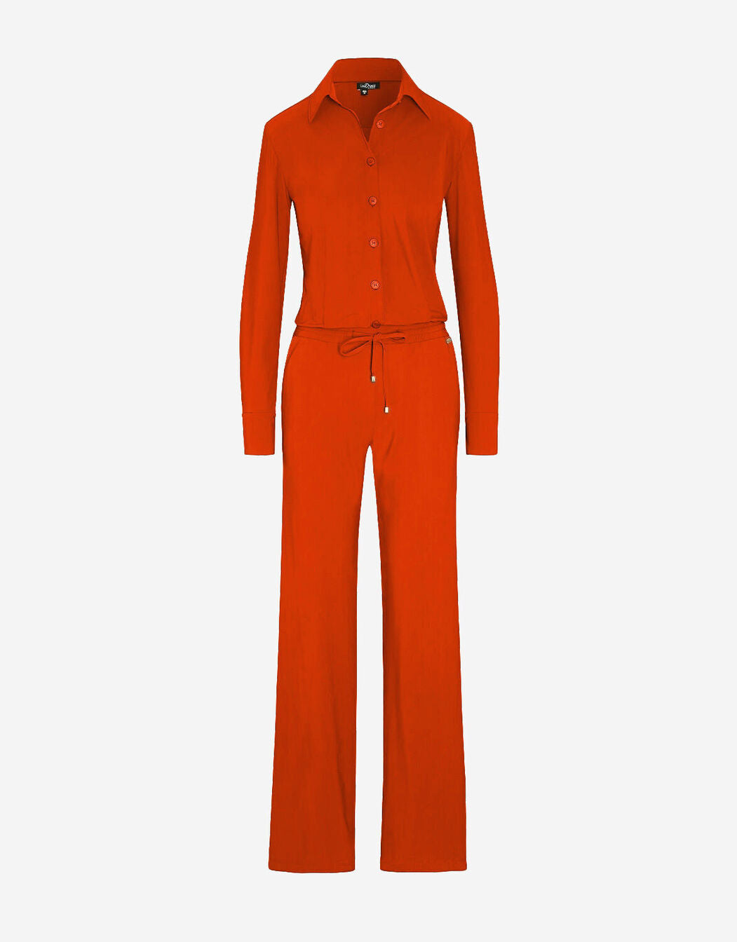 Packshot of the Barbara Auburn jumpsuit with a collar, button front and wide legs.