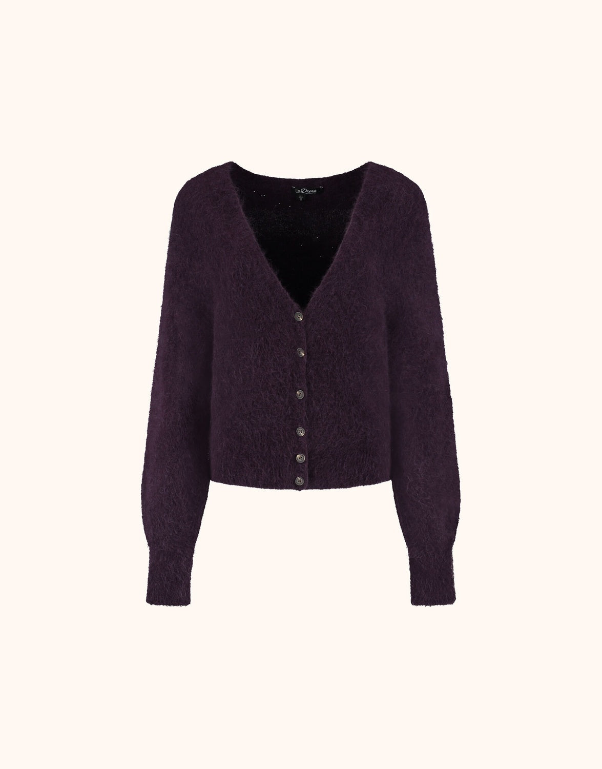 Packshot of the Leonora Deep Aubergine cardigan in alpaca blend with a V-neck and buttons.