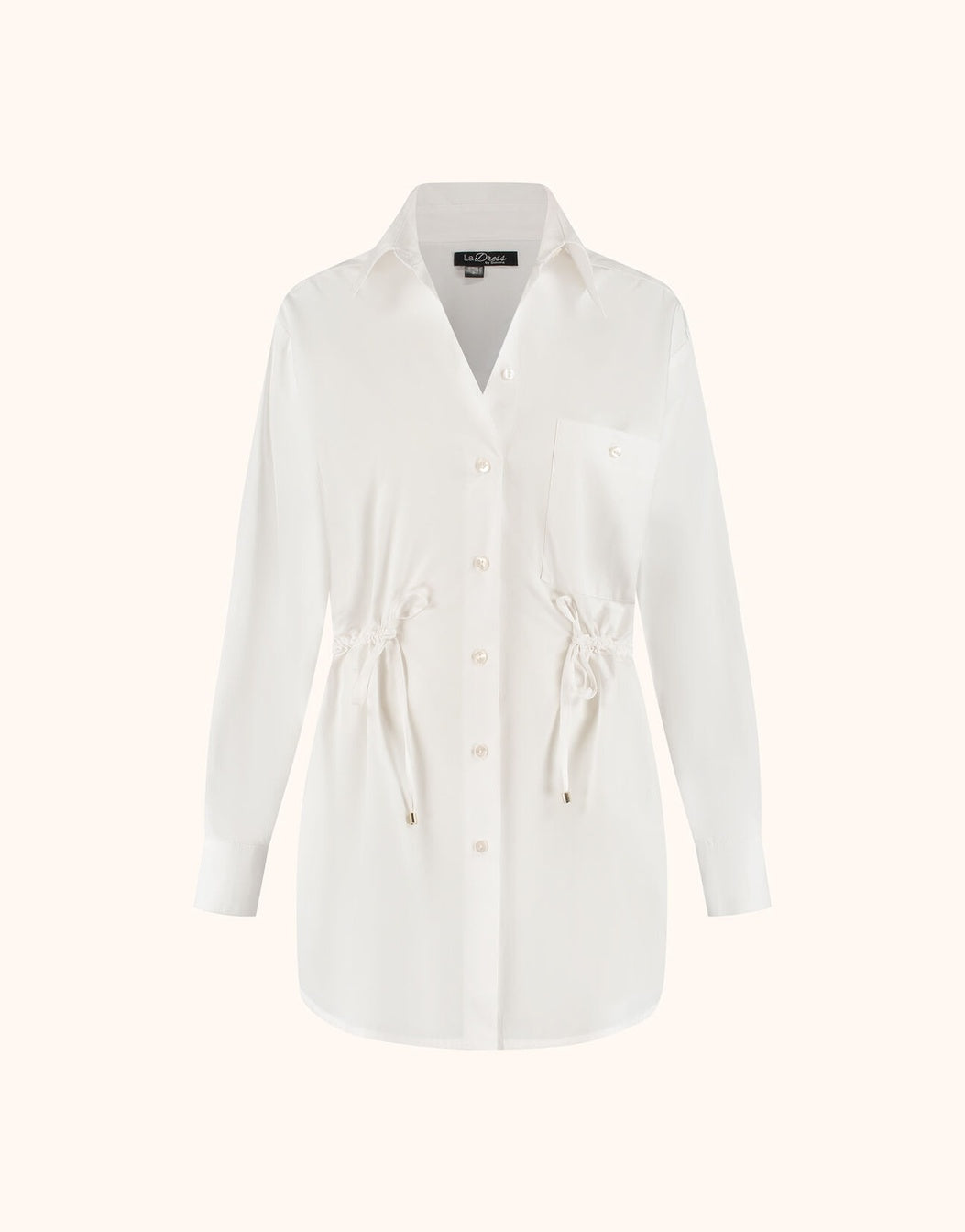 Packshot of the Carrie White blouse in poplin with a drawstring waist and a chest pocket.