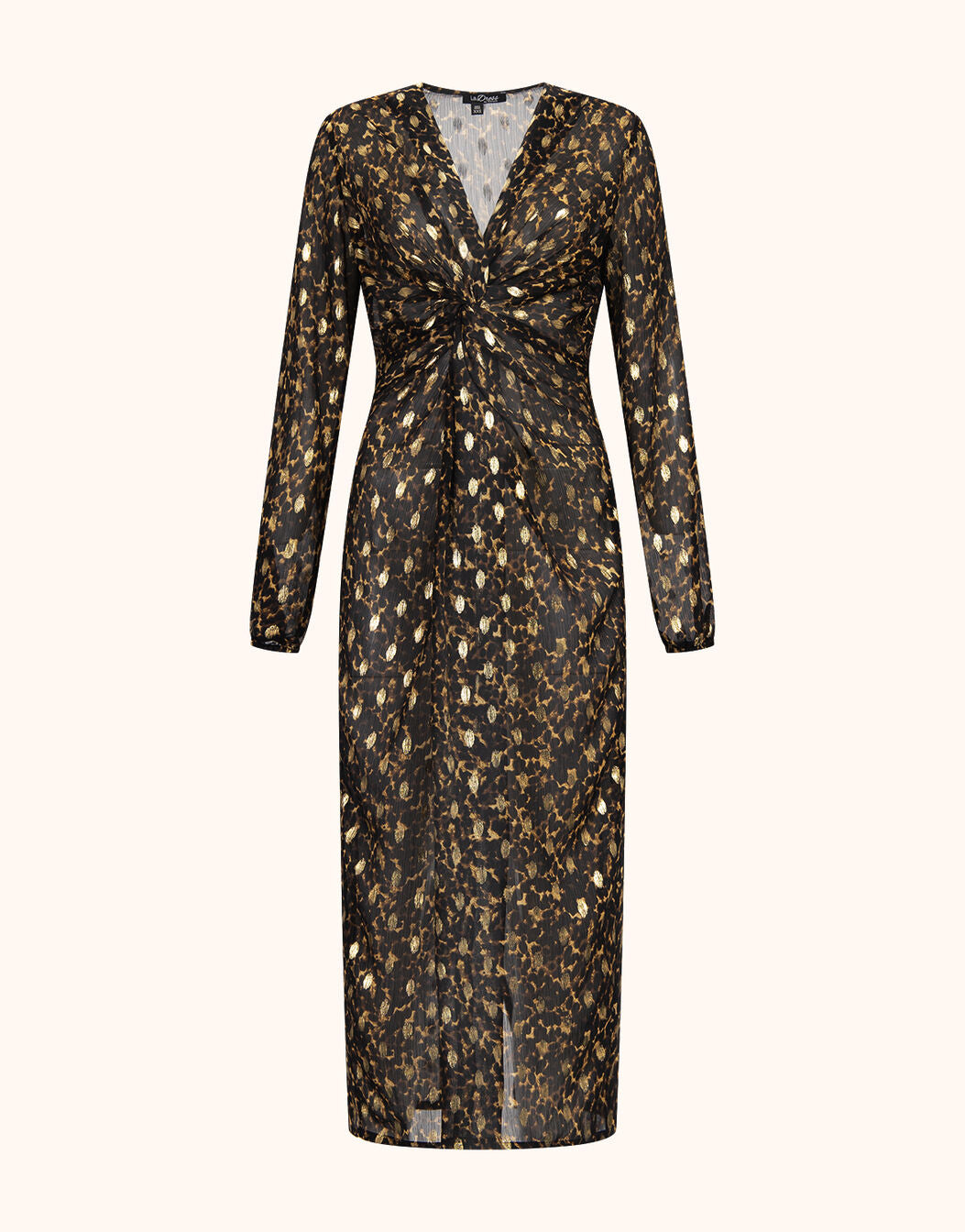 Packshot of the Solene Wild Cat Gold dress in chiffon with a twisted front and V-neck.