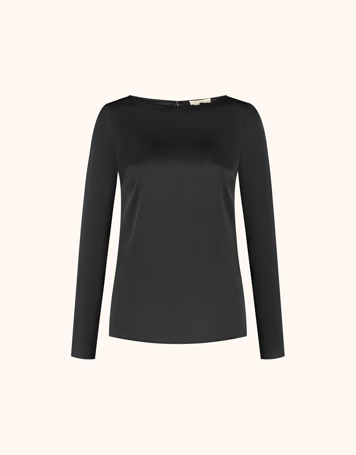 Packshot of the Dorian Black top in satin with a boat neck and long sleeves.