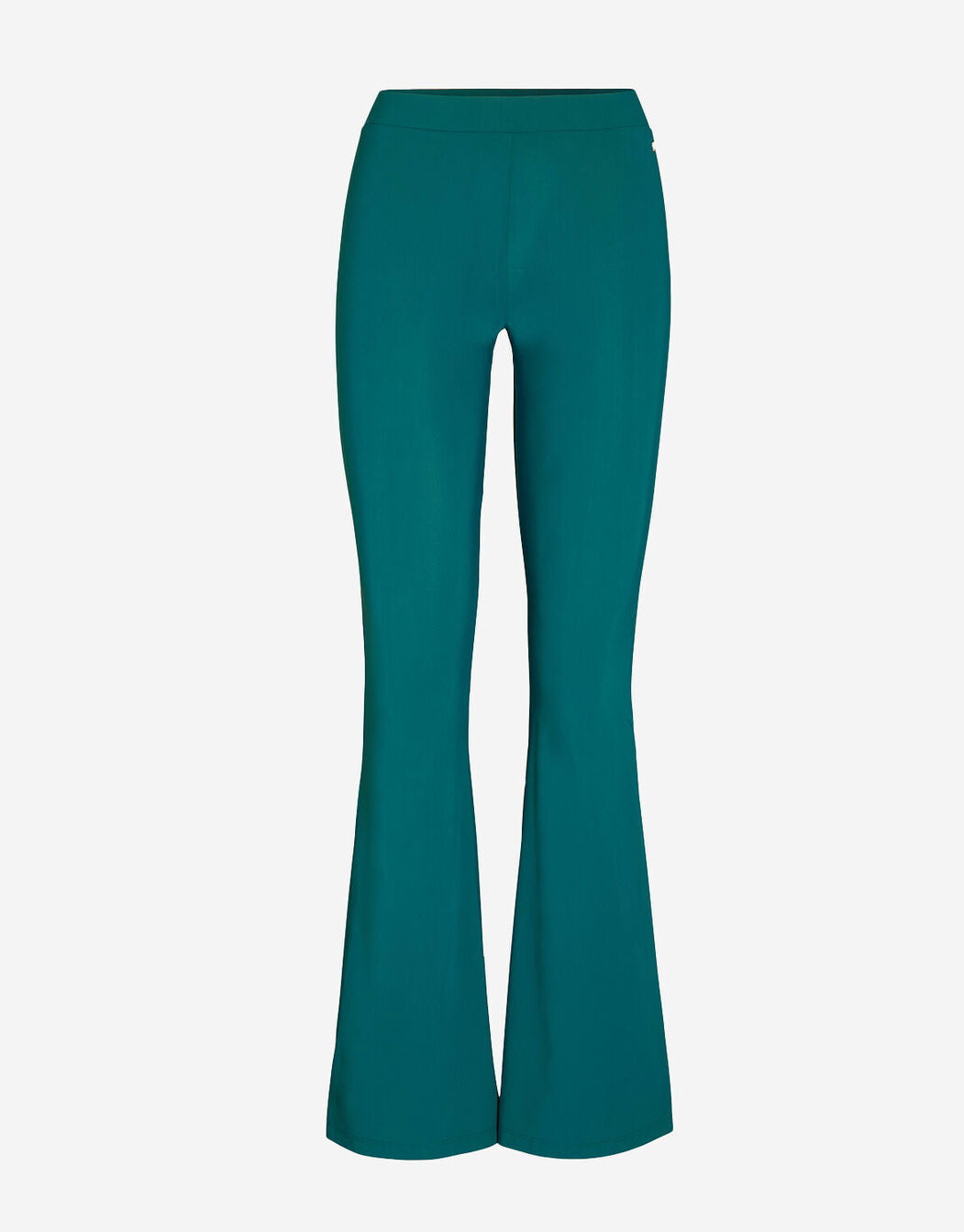 Packshot of the Lima Petrol trousers in jersey lycra with a high waist and flared leg.