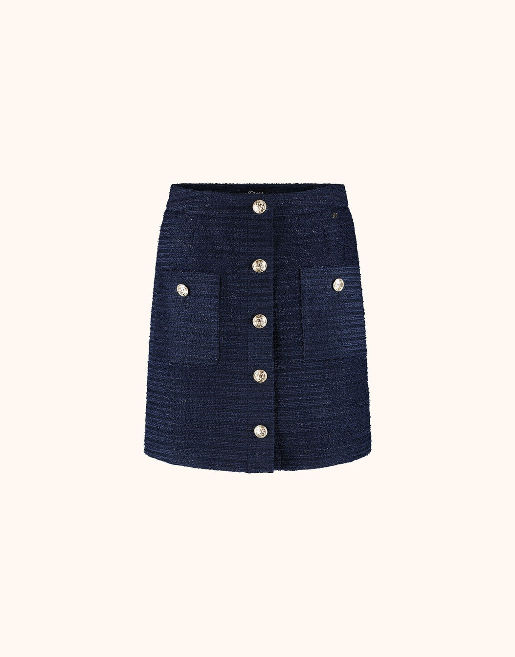 Packshot of the Vesper Navy skirt in tweed with gold buttons and patch pockets.