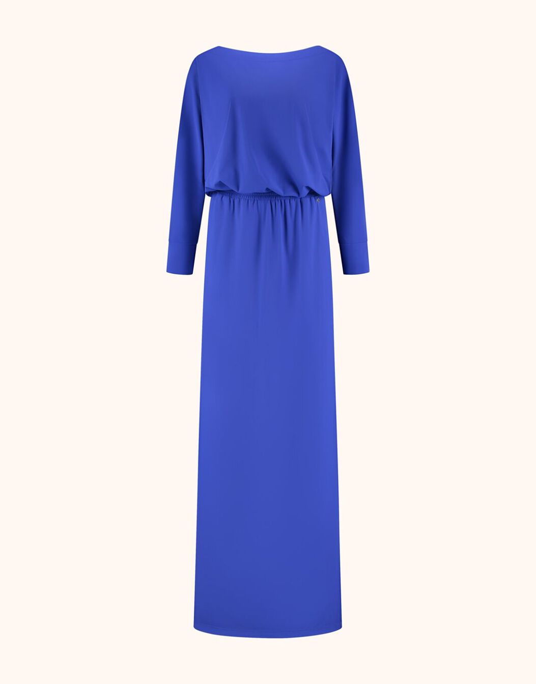 Packshot of the Hillary Marine Blue dress in jersey lycra, a long style with a blouson top.
