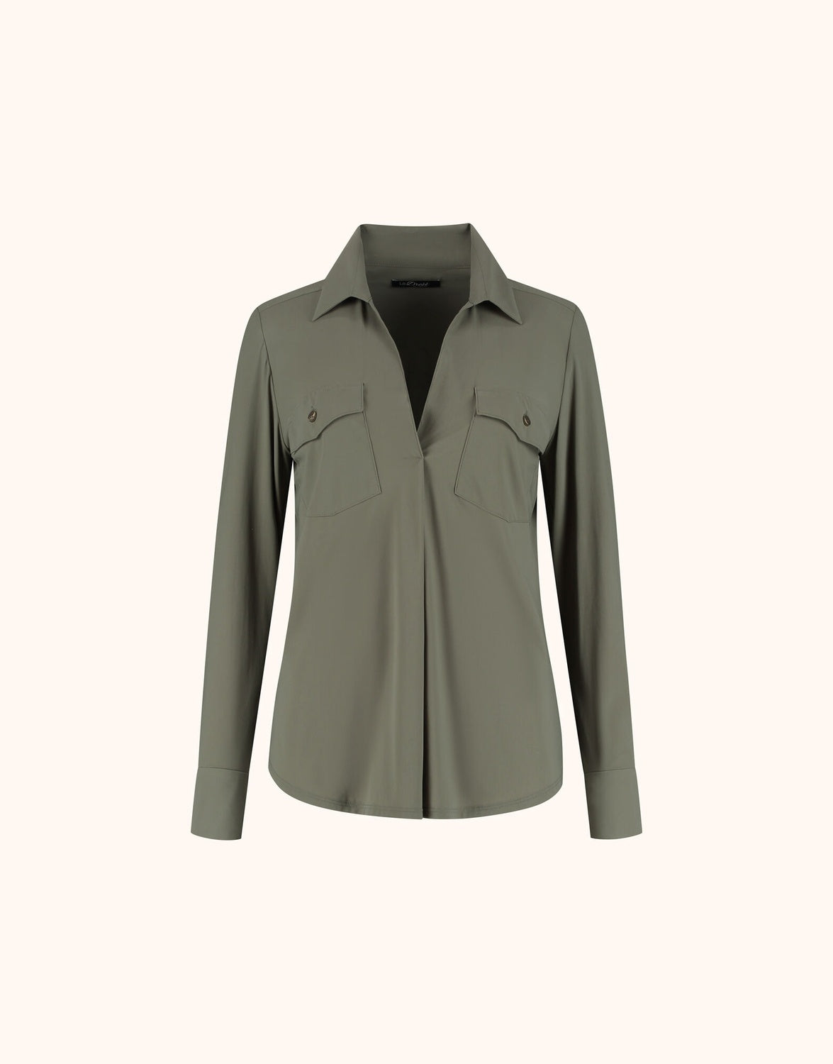 Packshot of the Esmee Olive blouse in jersey lycra with a collar and two chest pockets.