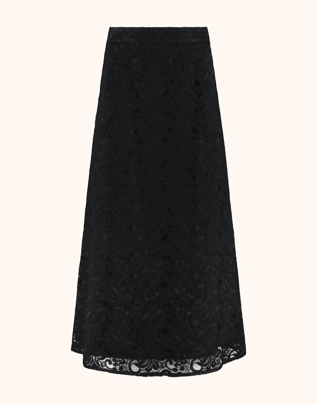 Packshot of the Vivienne Black skirt in lace, a long A-line style.