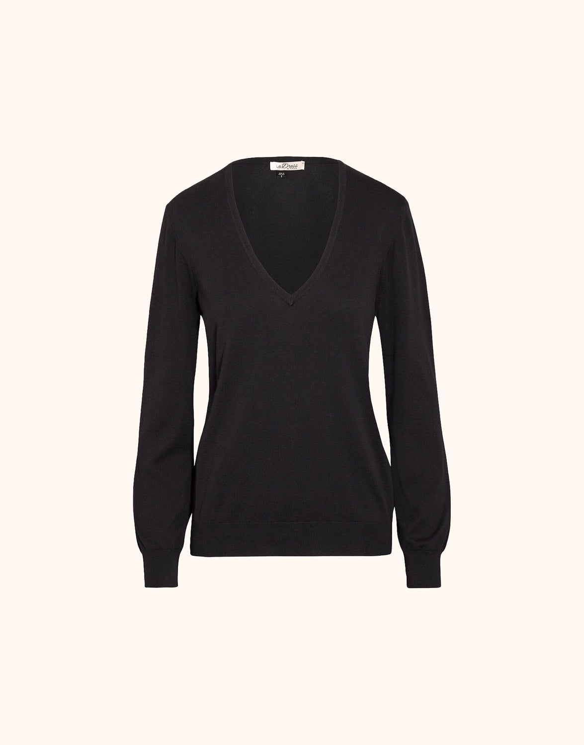 Packshot of the Loretta Black jumper in organic cotton knit with a deep V-neck.