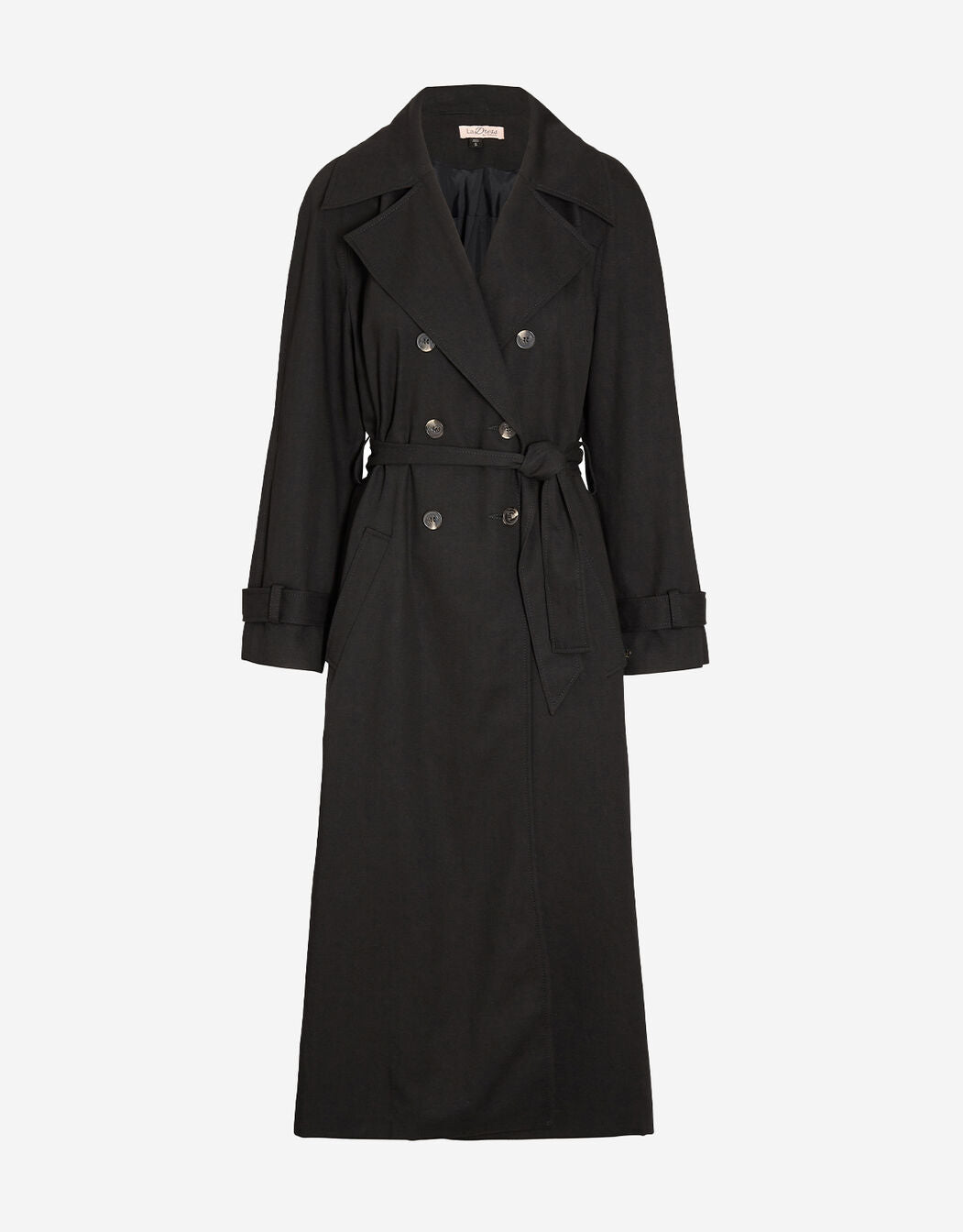 Packshot of the Alina Black trench coat with a double breasted front and a belt.