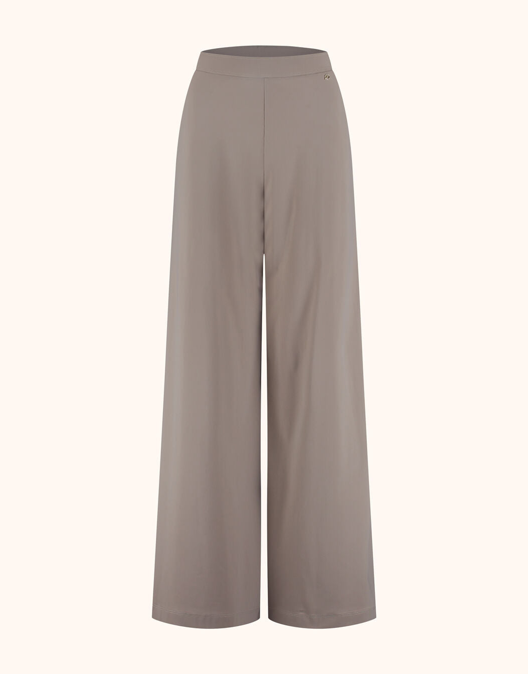 Packshot of the Savona Soft Taupe trousers in jersey lycra with a wide palazzo leg.