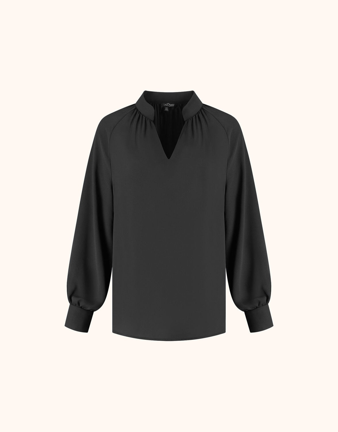 Packshot of the Melody Black blouse in crepe georgette with a stand collar and V-neck.