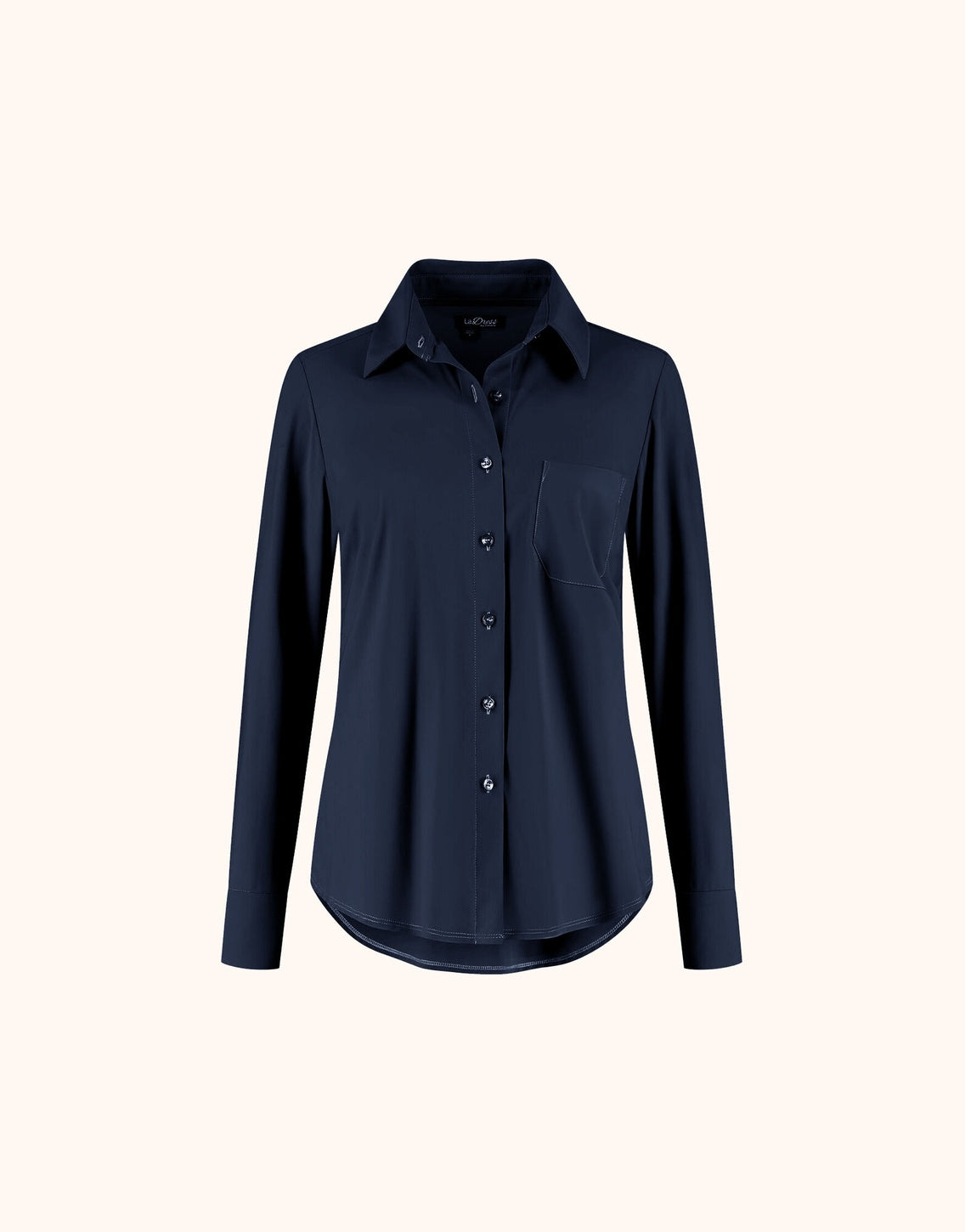 Packshot of the Annie Midnight Blue shirt in jersey lycra with a collar and chest pocket.