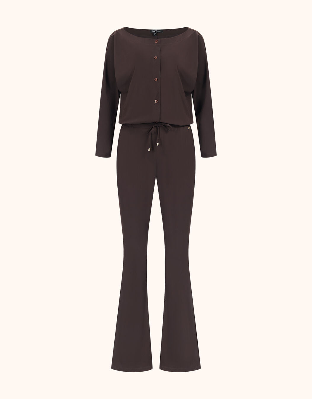 Packshot of the Isla Chocolate jumpsuit in jersey lycra with a drawstring waist.