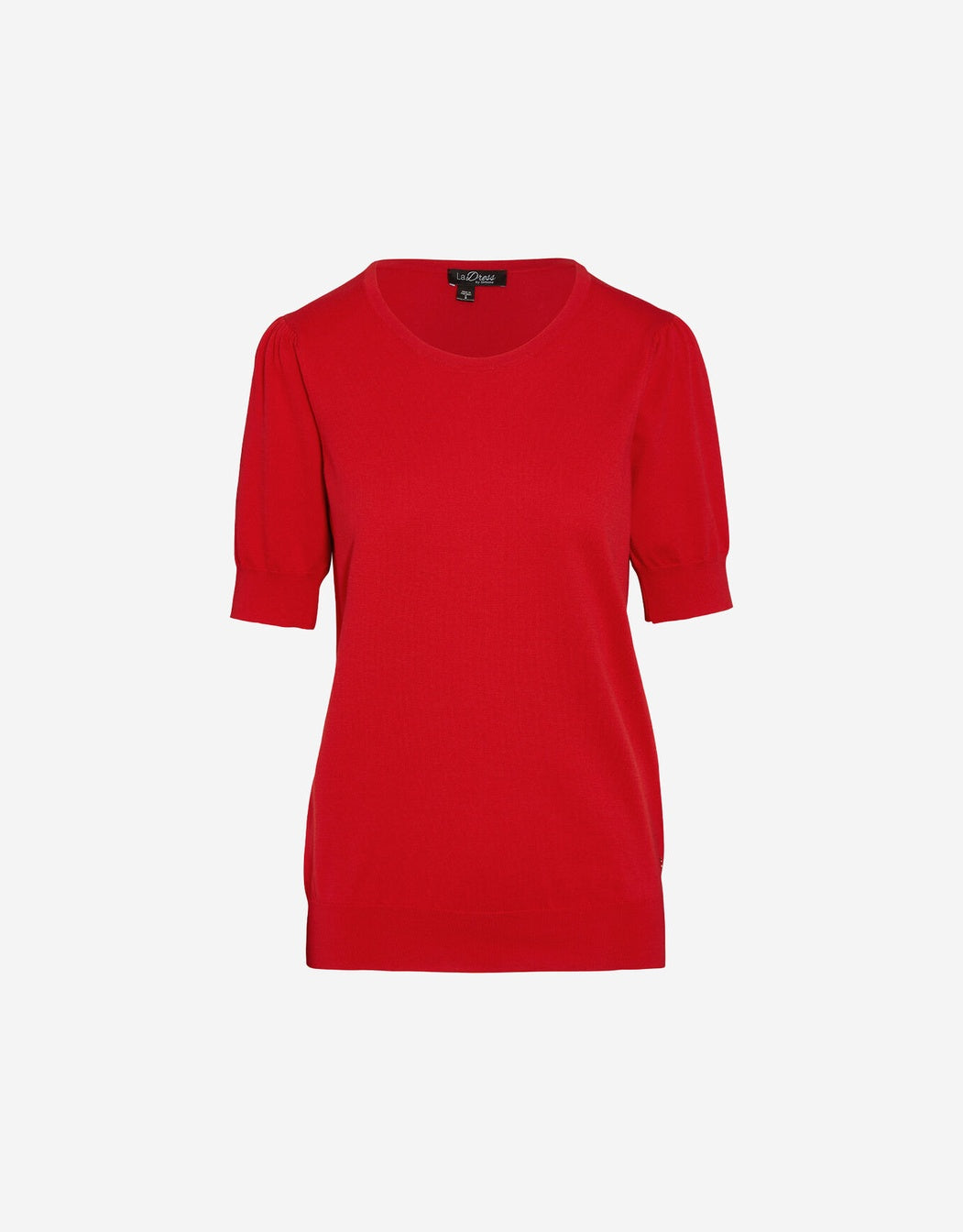 Packshot of the Victoria Red jumper in organic cotton knit with a round neck.