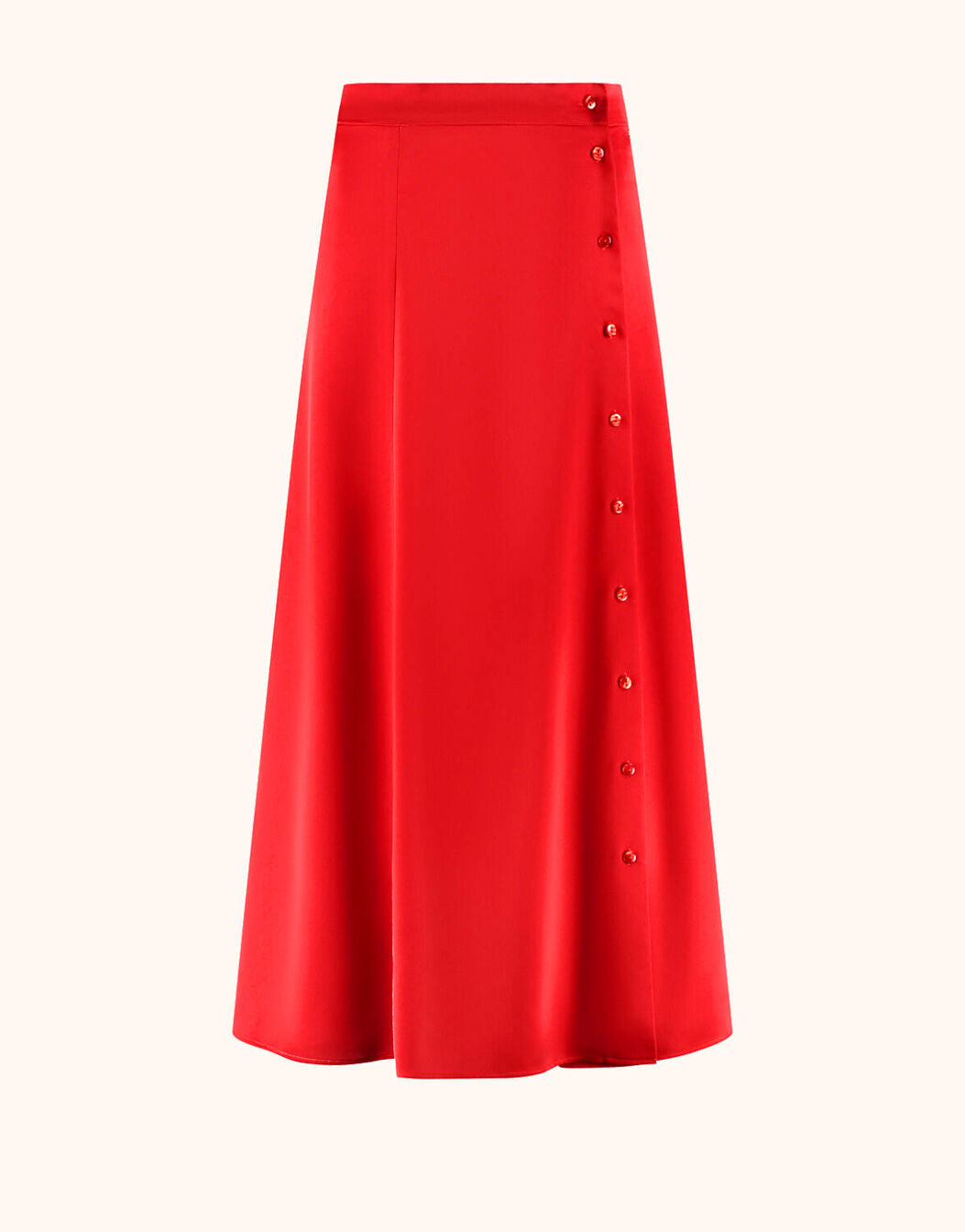 Packshot of the Helene Red skirt in satin with a buttoned side and an A-line shape.