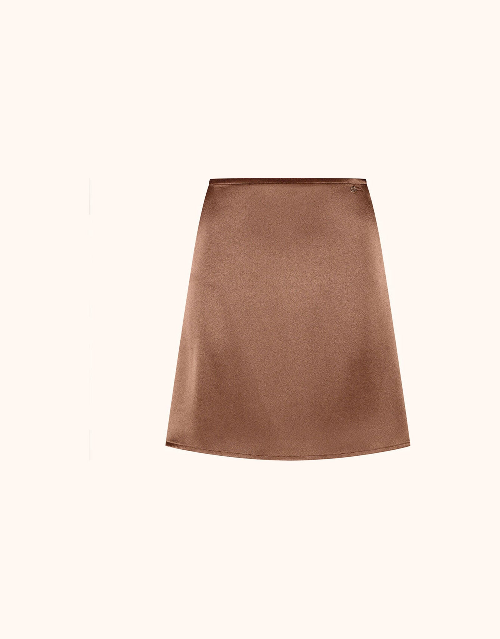 Packshot of the Gigi Cacao Brown Satin skirt in crepe satin, a short A-line style.