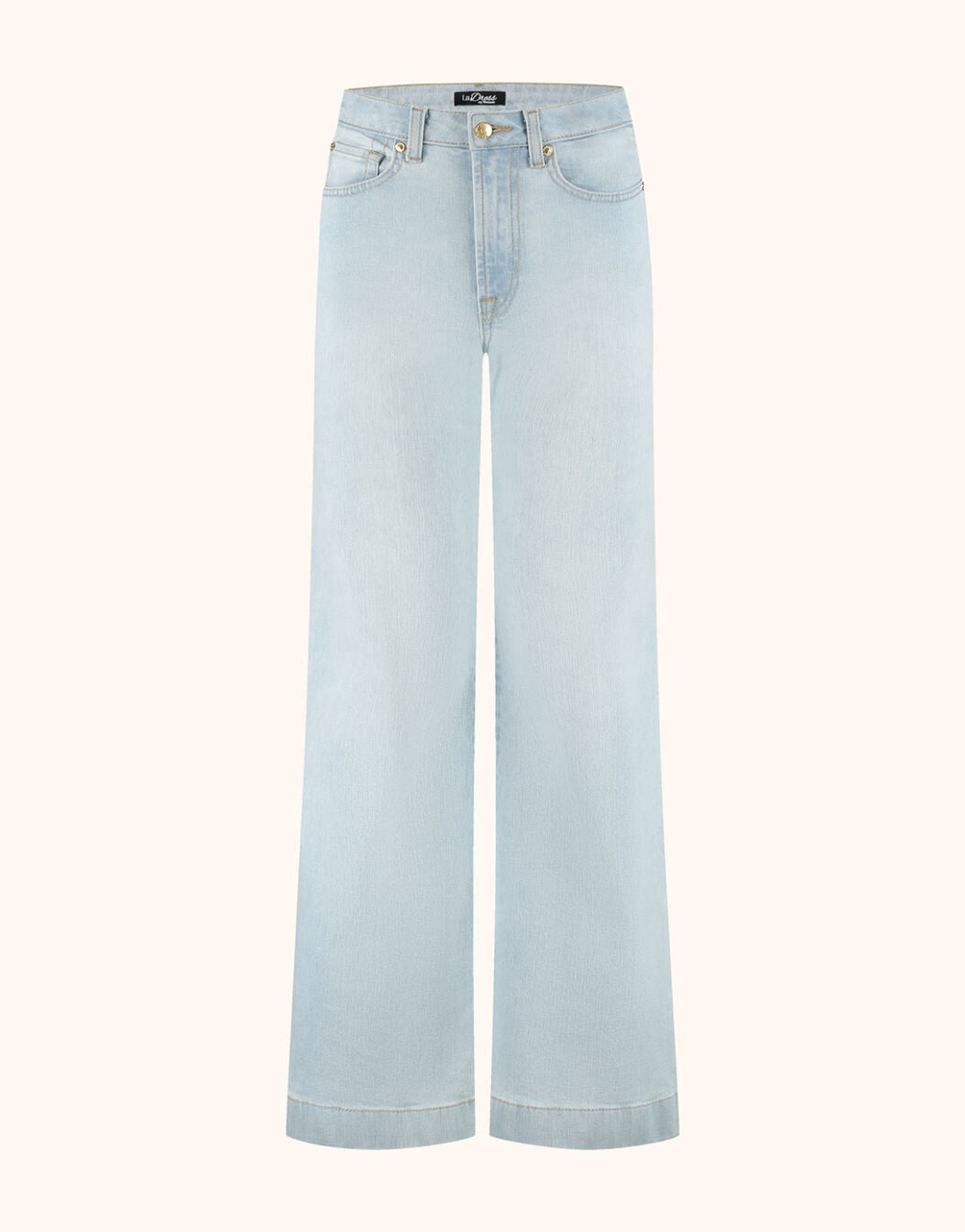 Packshot of the Marisol Light Indigo jeans in stretch cotton with a wide flared leg.