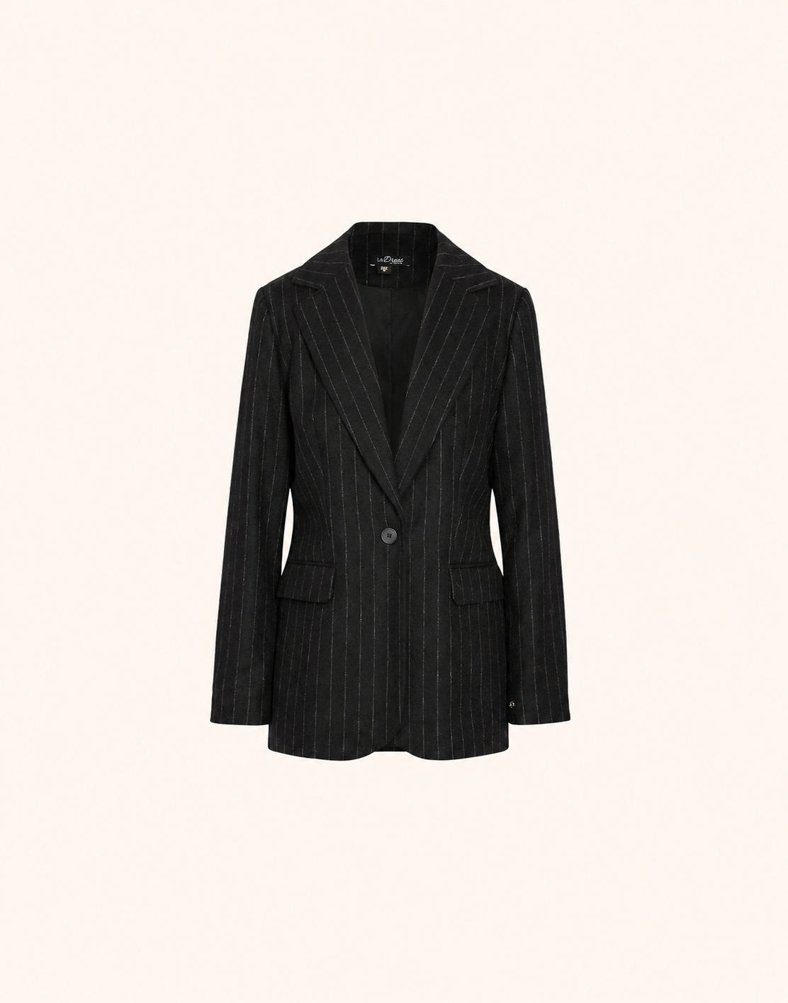 Packshot of the Giorgia Black Stripe blazer in wool blend with pinstripes and a single button.