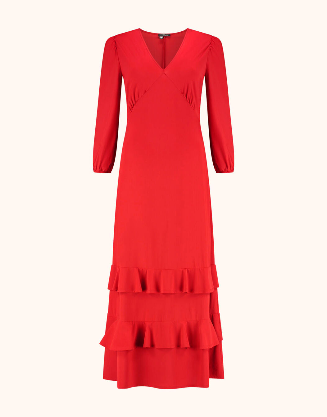 Packshot of the Sia Raspberry Red dress in jersey lycra with a V-neck and ruffled hem.