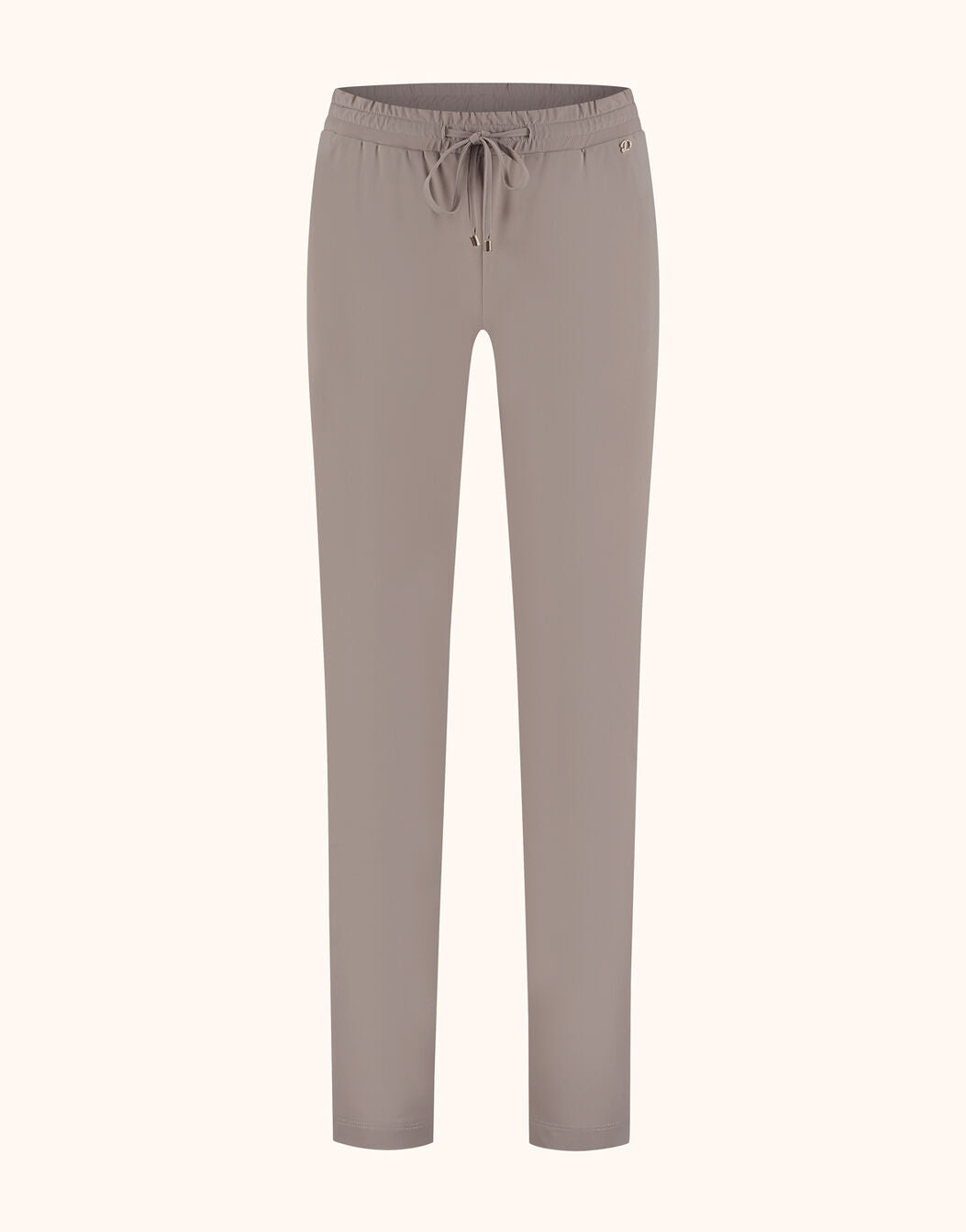 Packshot of the Valencia Soft Taupe trousers in jersey lycra with a drawstring waist.