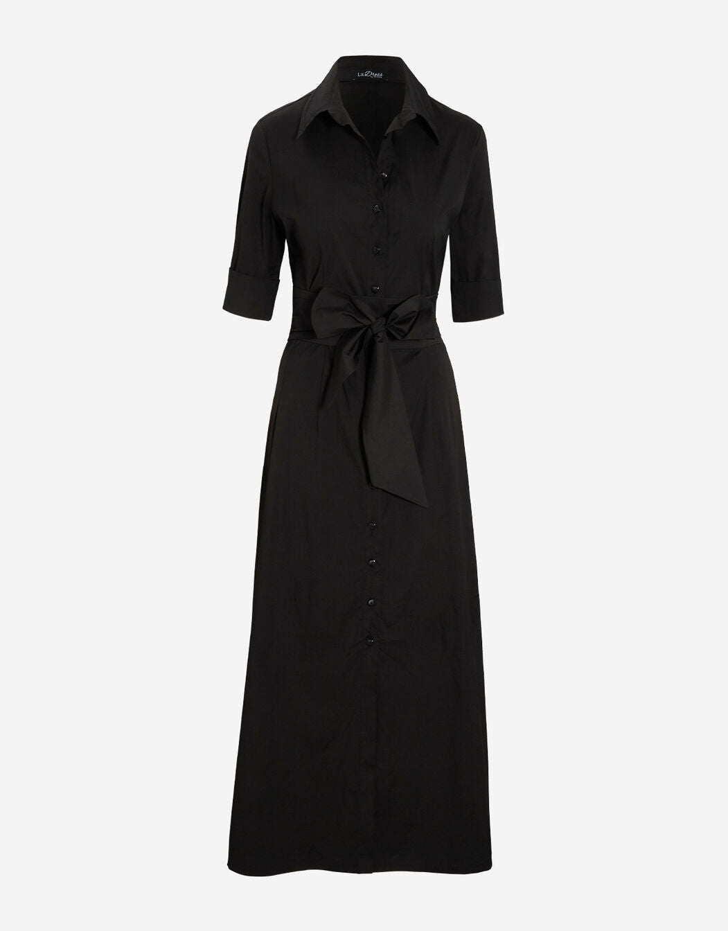 Packshot of the Yasmin Black dress in cotton stretch poplin with a collar and tie belt.