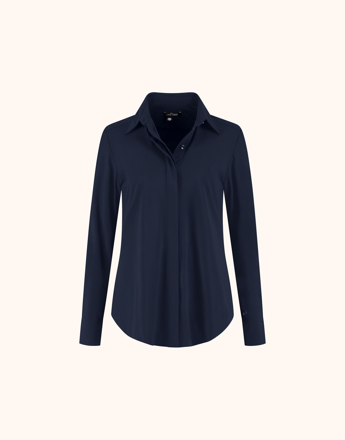 Packshot of the Judi Midnight Blue blouse in jersey lycra with a collar and long sleeves.
