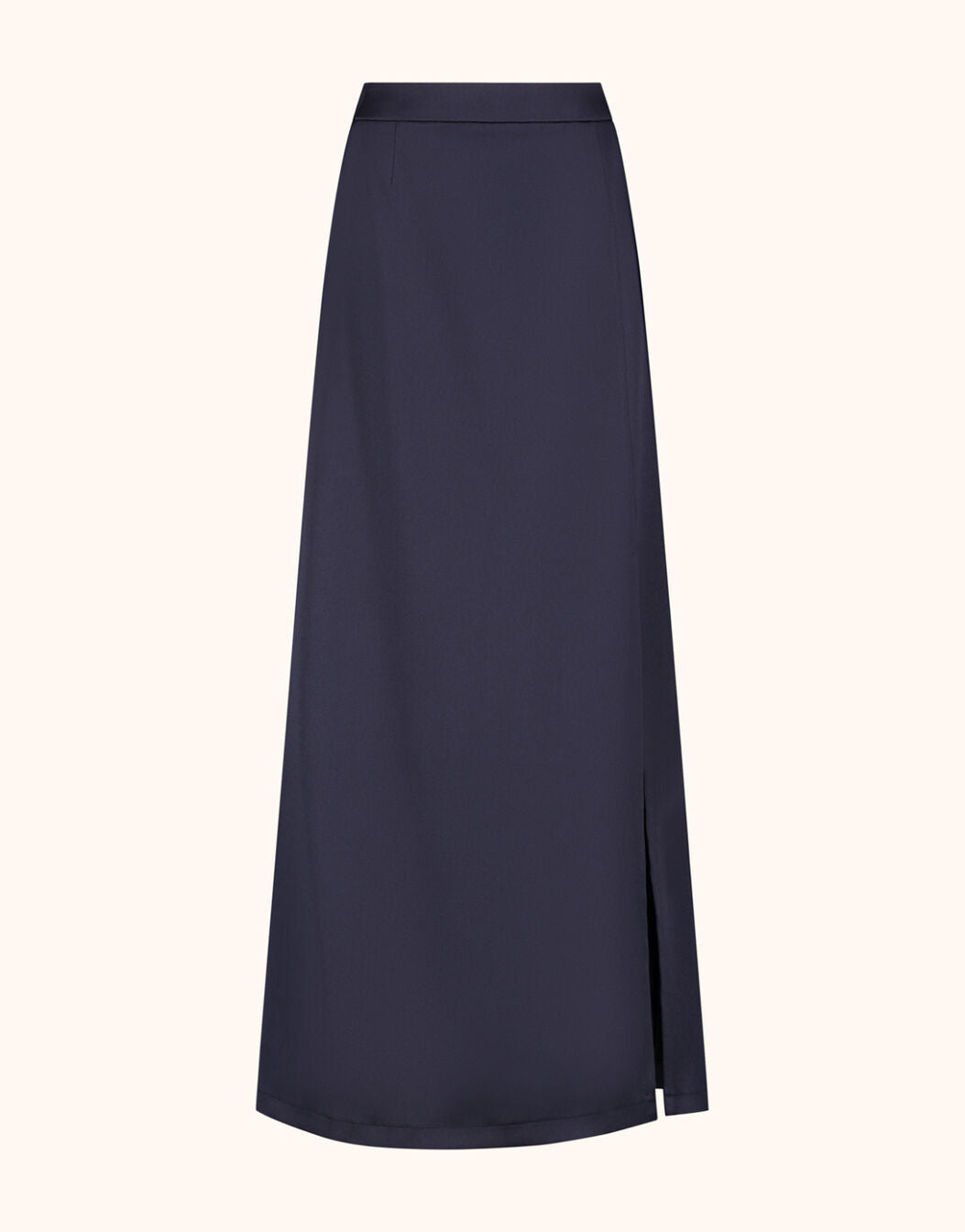 Packshot of the Selina Midnight Blue Satin skirt in crepe satin, a long style with a slit.